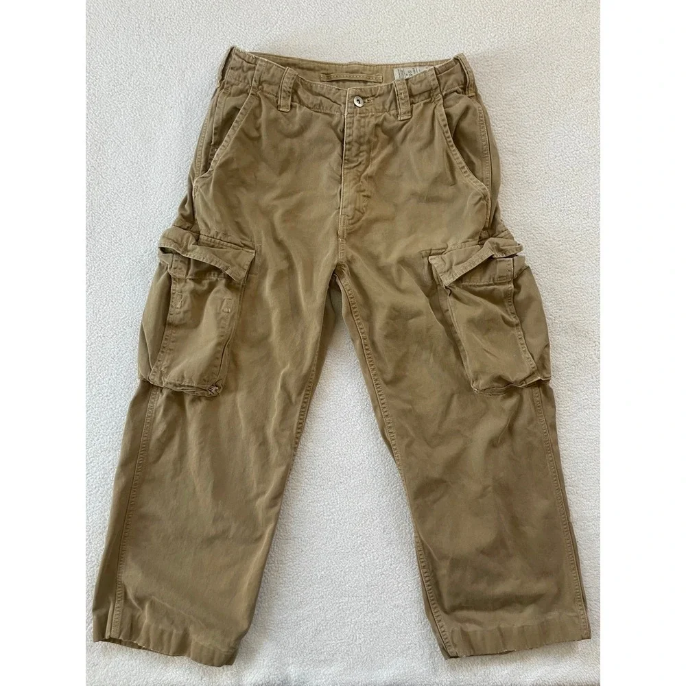 American Eagle Mens Hemmed to 28x24 Cargo Pants Tan Khaki Cotton Leg Utility